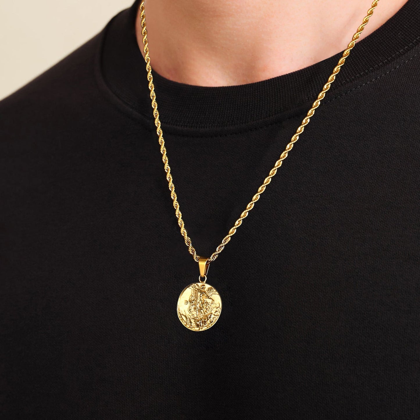 St Michael Angel Pendant Necklace 18K Gold Stainless Steel Rope Chain