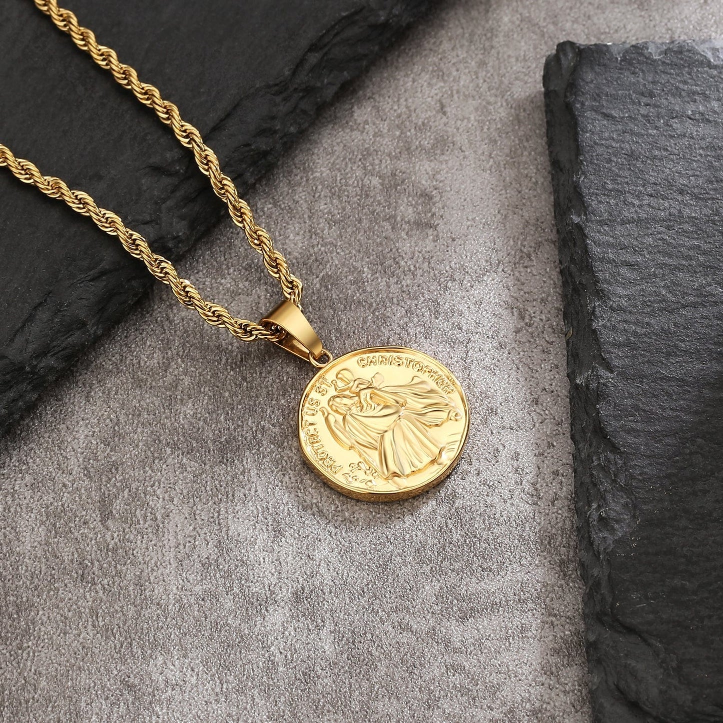 St Christopher Coin Pendant Necklace Stainless Steel 18K Gold Color with Rope Chain