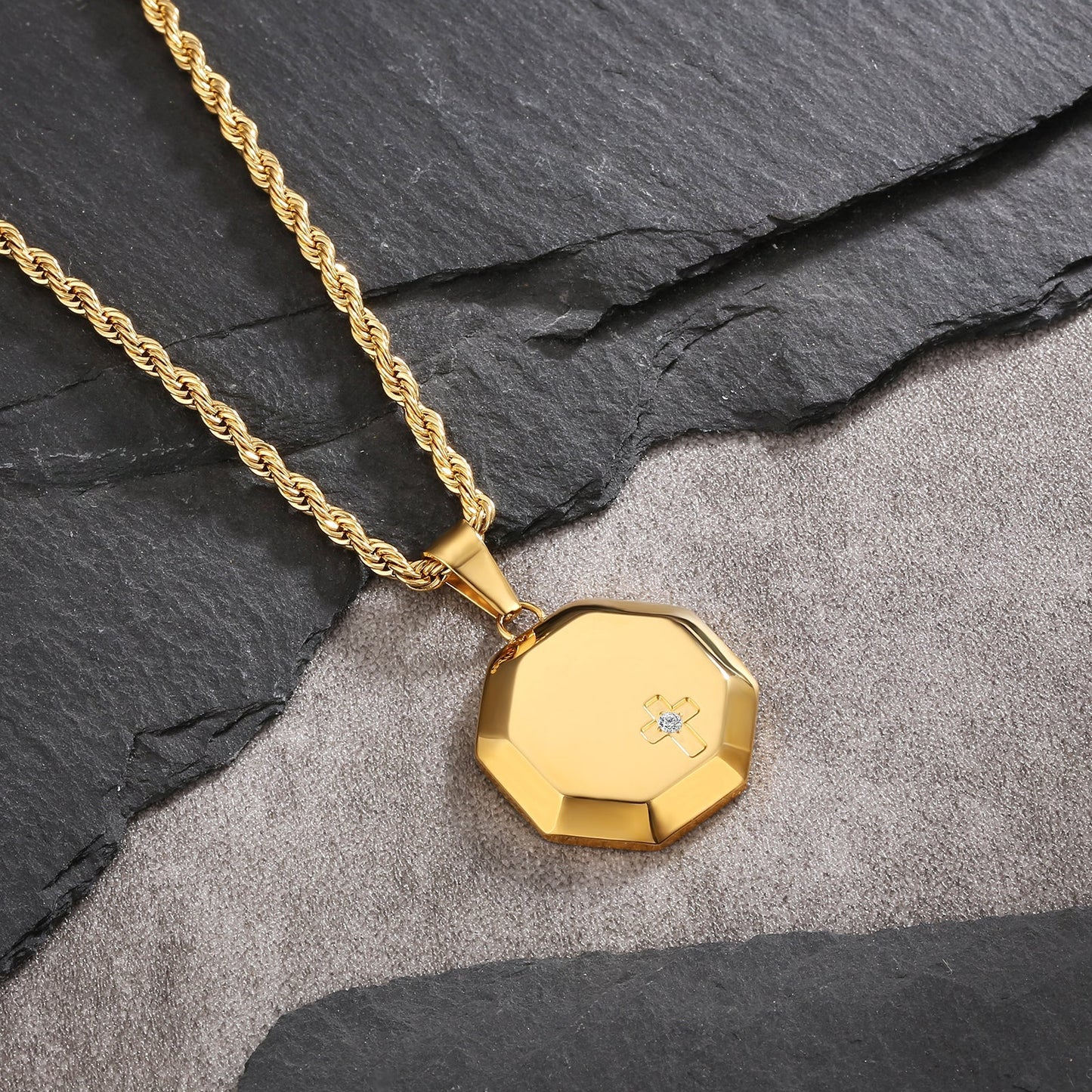 Small Cross Pendant Necklace 18K Gold Plated Stainless Steel Rope Chain