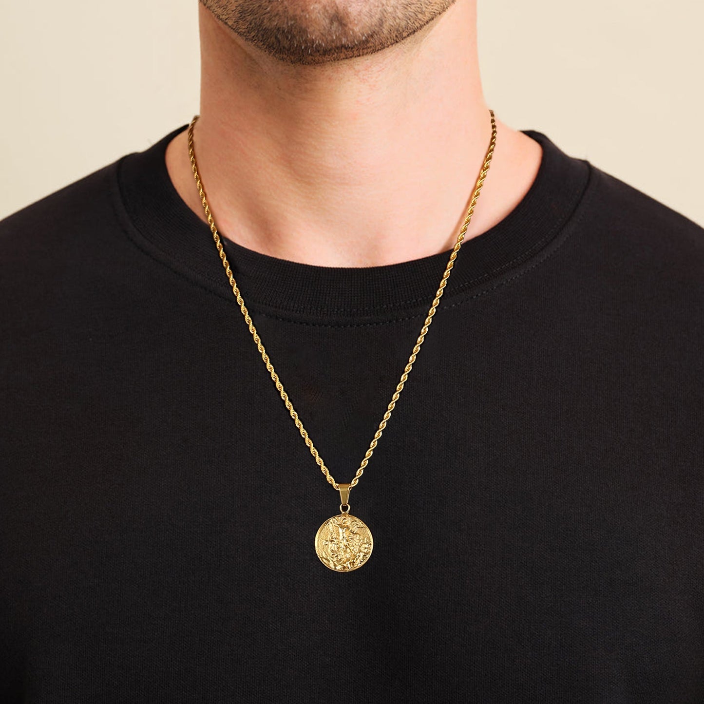 St Michael Angel Pendant Necklace 18K Gold Stainless Steel Rope Chain