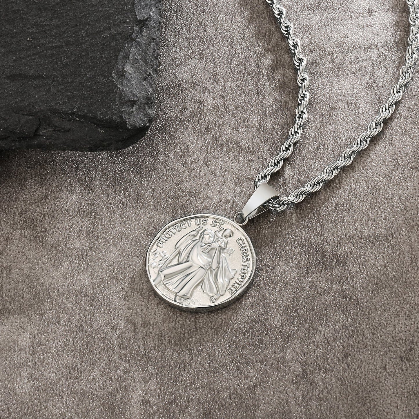 St Christopher Coin Pendant Necklace Stainless Steel 18K Gold Color with Rope Chain
