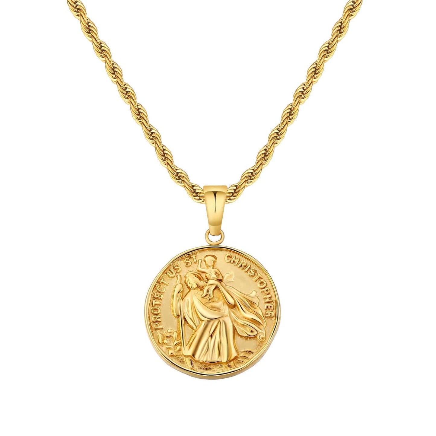 St Christopher Coin Pendant Necklace Stainless Steel 18K Gold Color with Rope Chain
