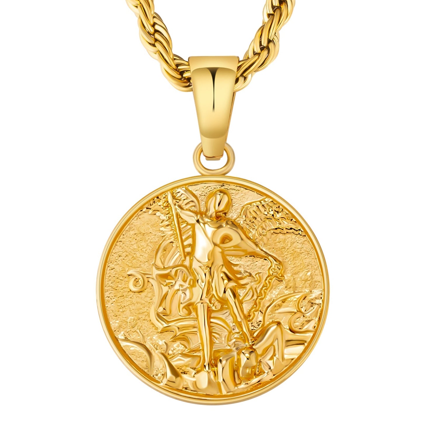 St Michael Angel Pendant Necklace 18K Gold Stainless Steel Rope Chain