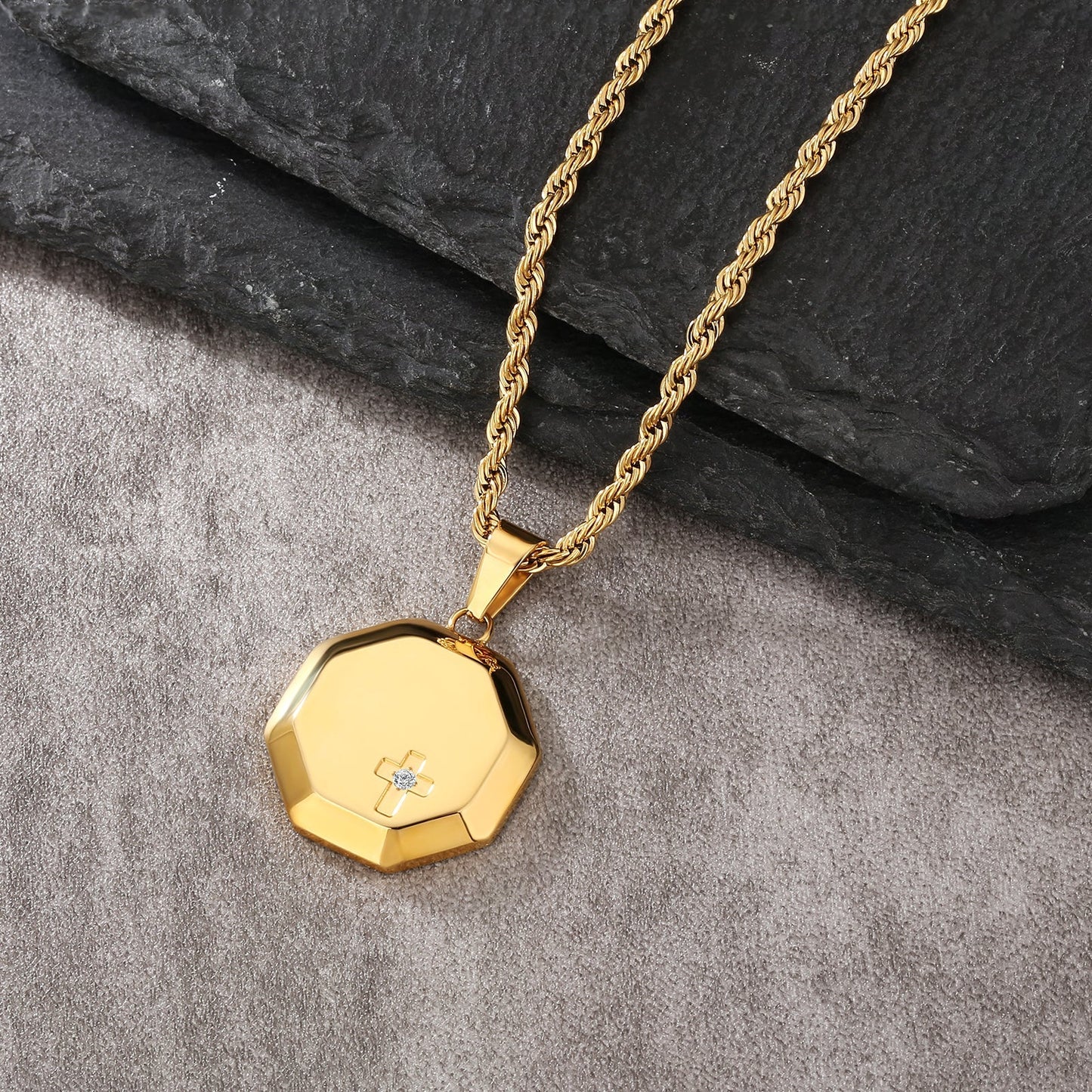 Small Cross Pendant Necklace 18K Gold Plated Stainless Steel Rope Chain