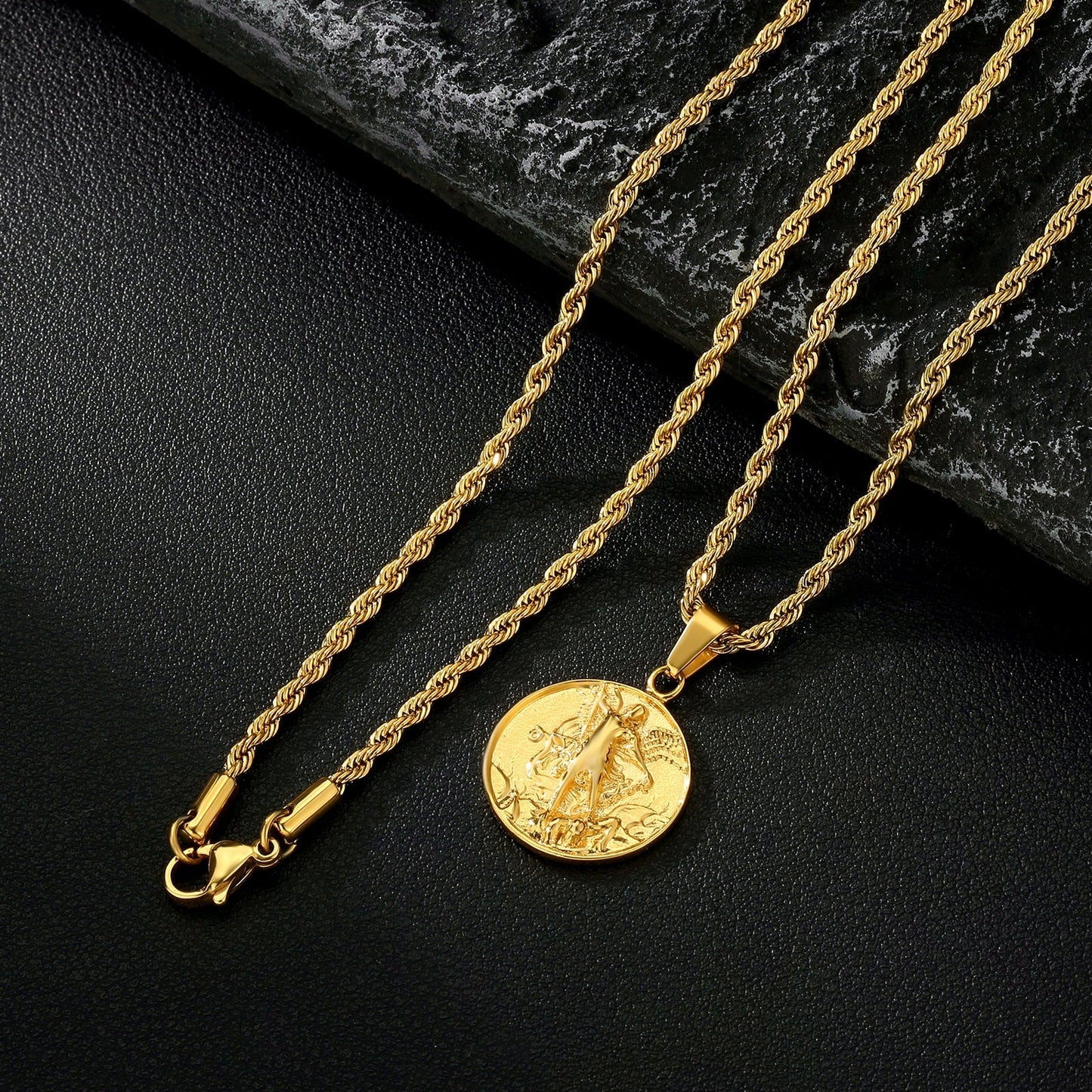St Michael Angel Pendant Necklace 18K Gold Stainless Steel Rope Chain