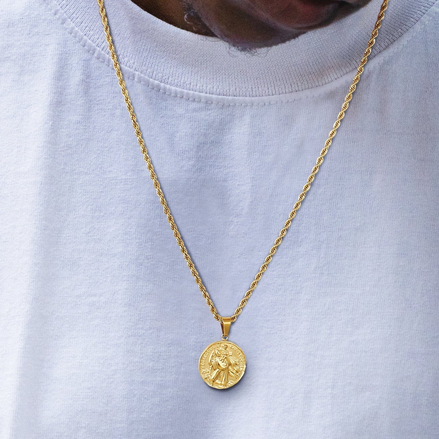 St Christopher Coin Pendant Necklace Stainless Steel 18K Gold Color with Rope Chain