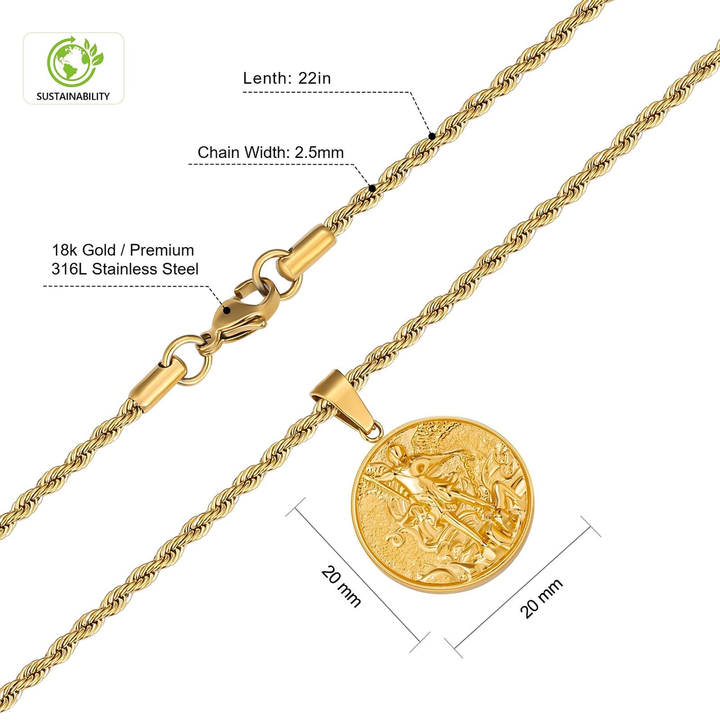 St Michael Angel Pendant Necklace 18K Gold Stainless Steel Rope Chain