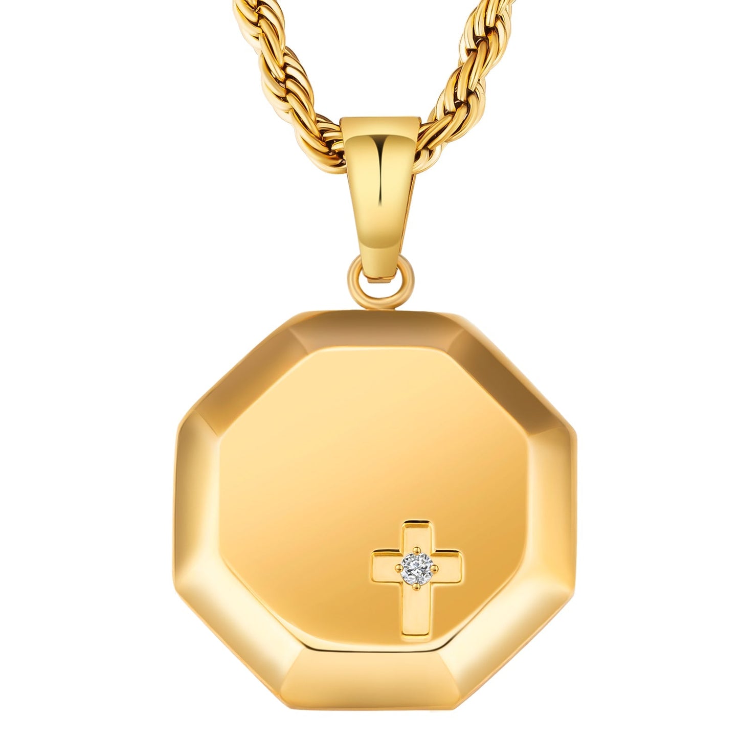 Small Cross Pendant Necklace 18K Gold Plated Stainless Steel Rope Chain