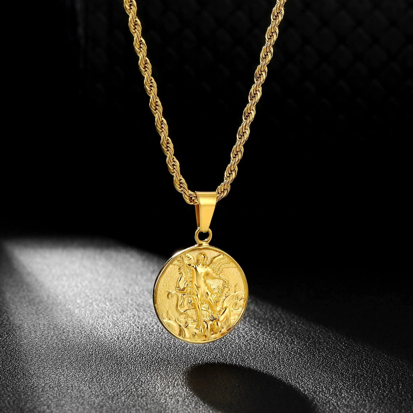 St Michael Angel Pendant Necklace 18K Gold Stainless Steel Rope Chain