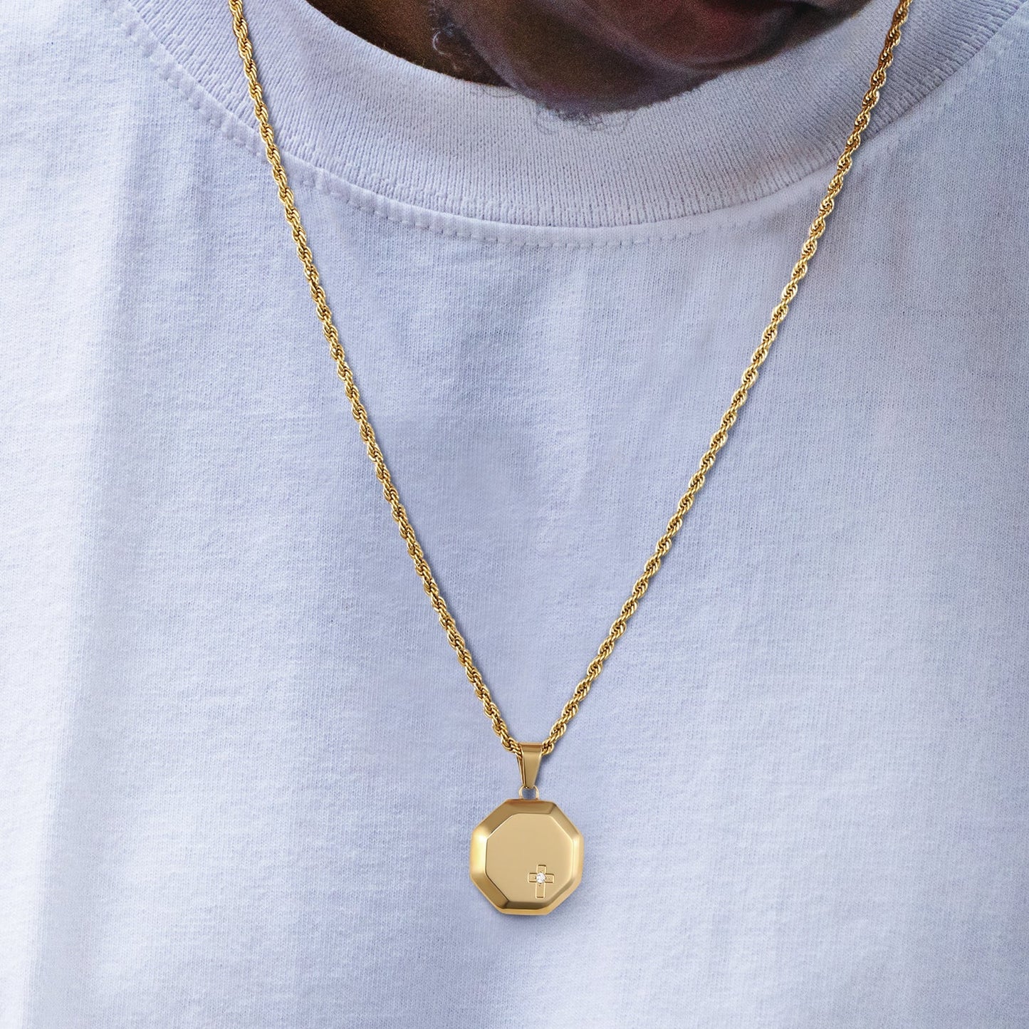 Small Cross Pendant Necklace 18K Gold Plated Stainless Steel Rope Chain