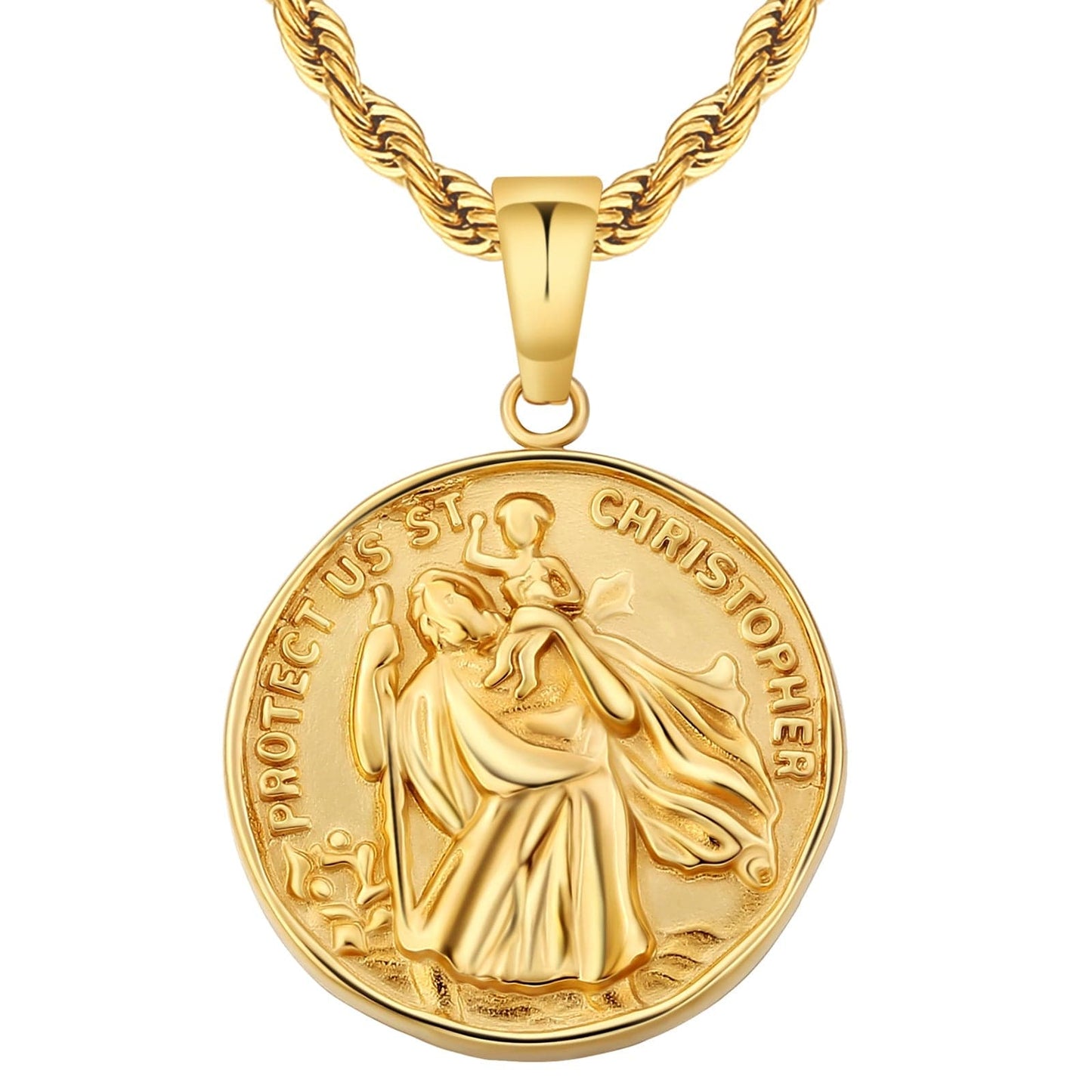 St Christopher Coin Pendant Necklace Stainless Steel 18K Gold Color with Rope Chain