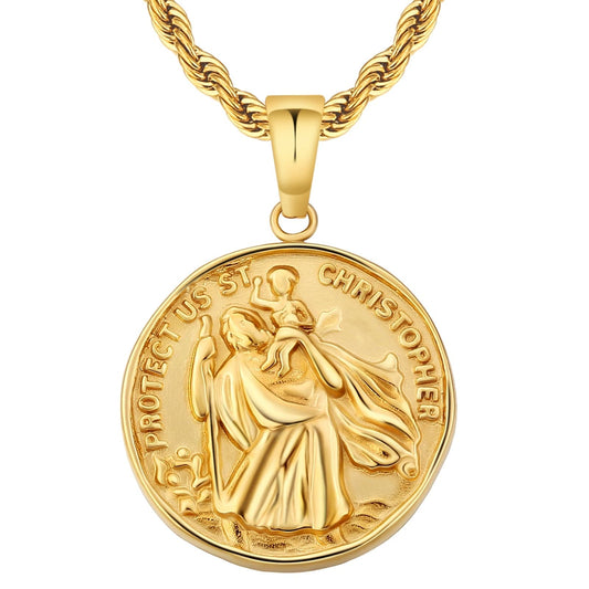 St Christopher Coin Pendant Necklace Stainless Steel 18K Gold Color with Rope Chain