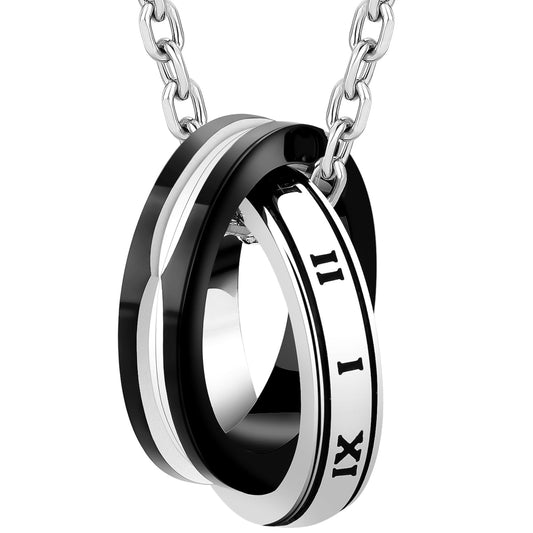 Interlocking Circles Pendant Necklace Stainless Steel Black Enamel