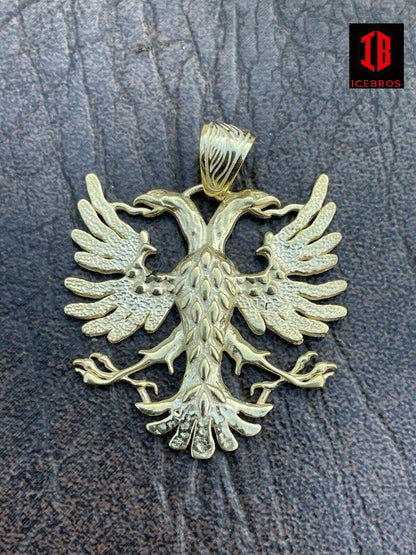 10K Gold Solid 925 Silver Double Headed Eagle Pendant Necklace Matte Albania Kosova