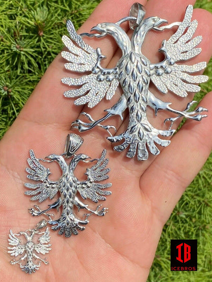 10K Gold Solid 925 Silver Double Headed Eagle Pendant Necklace Matte Albania Kosova