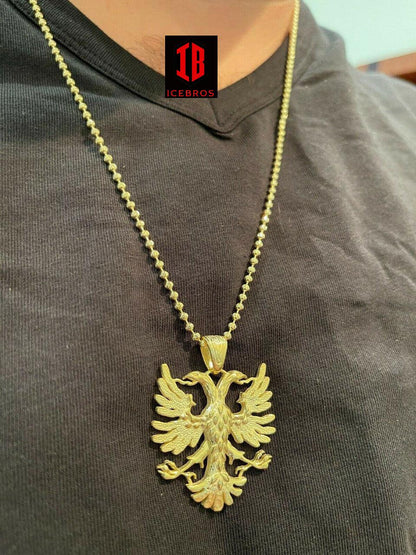 10K Gold Solid 925 Silver Double Headed Eagle Pendant Necklace Matte Albania Kosova