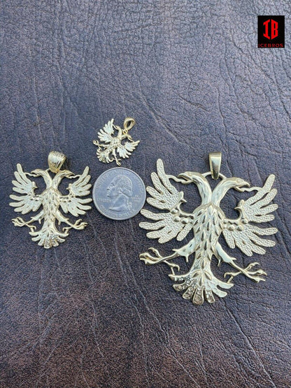 10K Gold Solid 925 Silver Double Headed Eagle Pendant Necklace Matte Albania Kosova