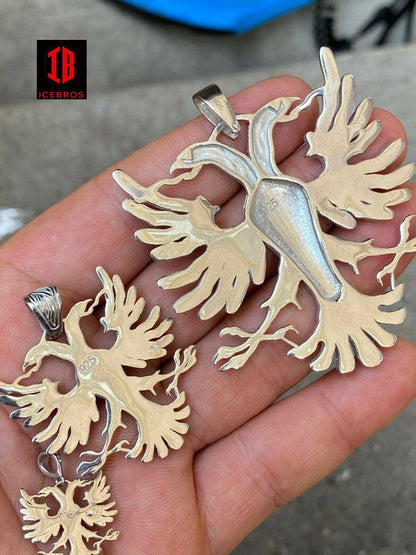 10K Gold Solid 925 Silver Double Headed Eagle Pendant Necklace Matte Albania Kosova