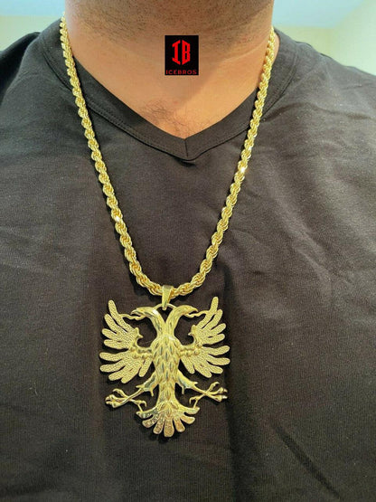 10K Gold Solid 925 Silver Double Headed Eagle Pendant Necklace Matte Albania Kosova