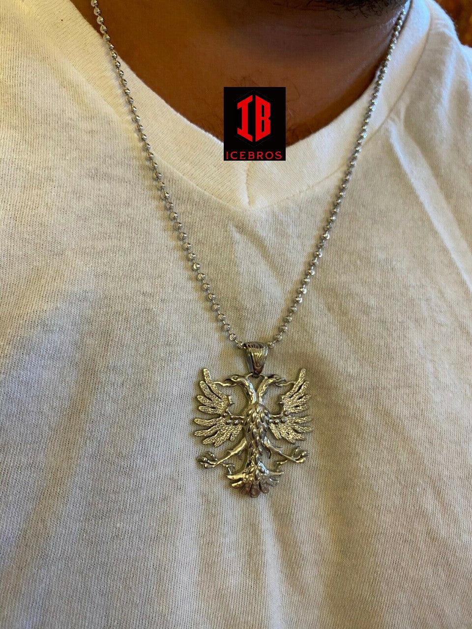 10K Gold Solid 925 Silver Double Headed Eagle Pendant Necklace Matte Albania Kosova