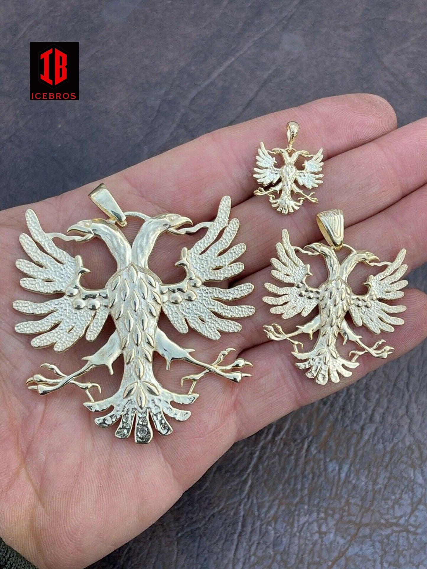 10K Gold Solid 925 Silver Double Headed Eagle Pendant Necklace Matte Albania Kosova