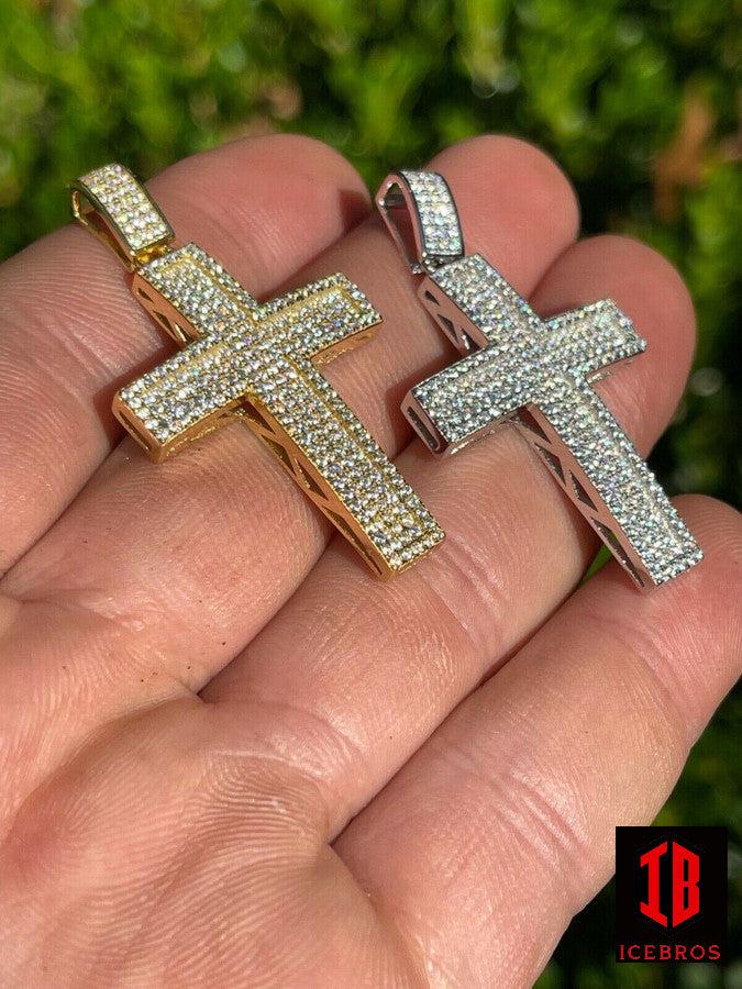 10k Solid Real Yellow White Gold Cross Pendant Iced Out Hip Hop - Flawless Karat