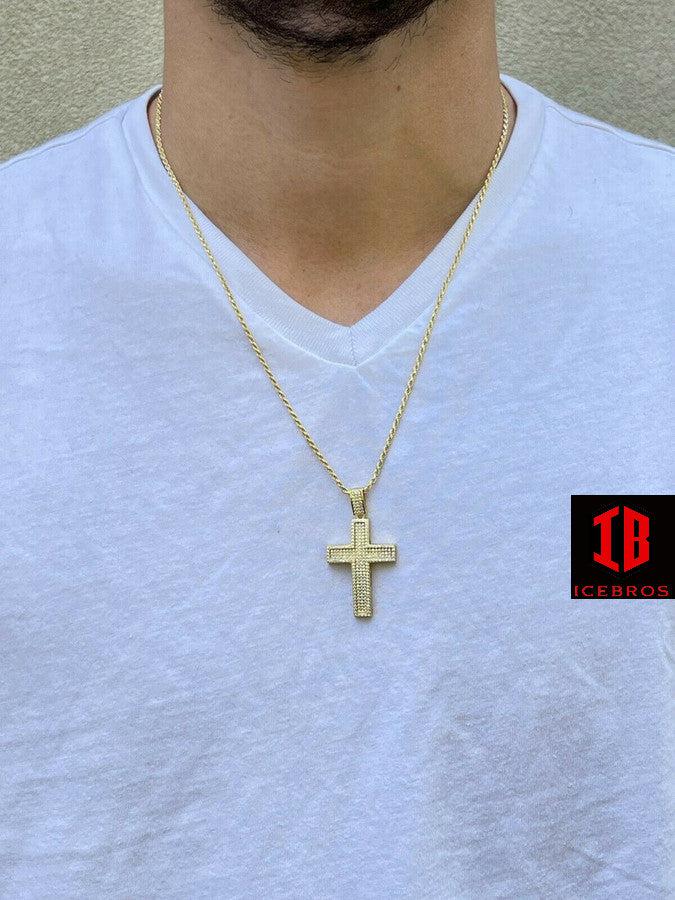 10k Solid Real Yellow White Gold Cross Pendant Iced Out Hip Hop - Flawless Karat