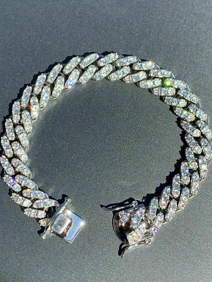 12mm 925 Silver Men's Miami Cuban Bracelet Iced Moissanite Pass Diamond Tester Solid