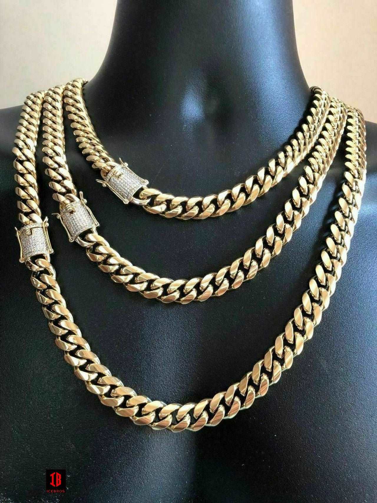 (12MM) 14K-18K Gold Plated Stainless Steel Cuban Link Chain CZ Diamond Lock 8-14MM