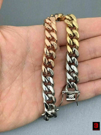 12mm Men's Miami Cuban Link Bracelet 3 Tri Color Real Gold Over Stainless Steel