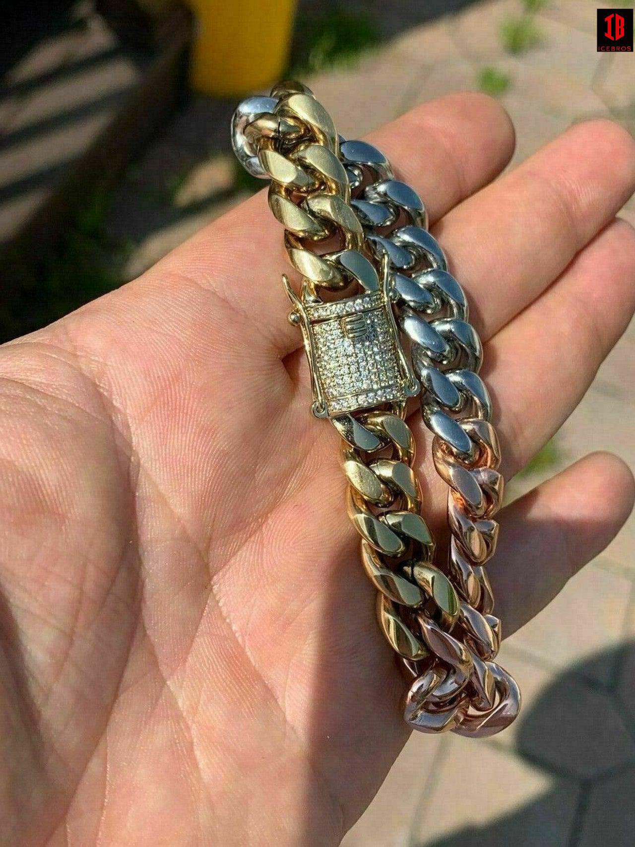 12mm Men's Miami Cuban Link Bracelet Tri Color Gold Over SS Icy Diamond Clasp
