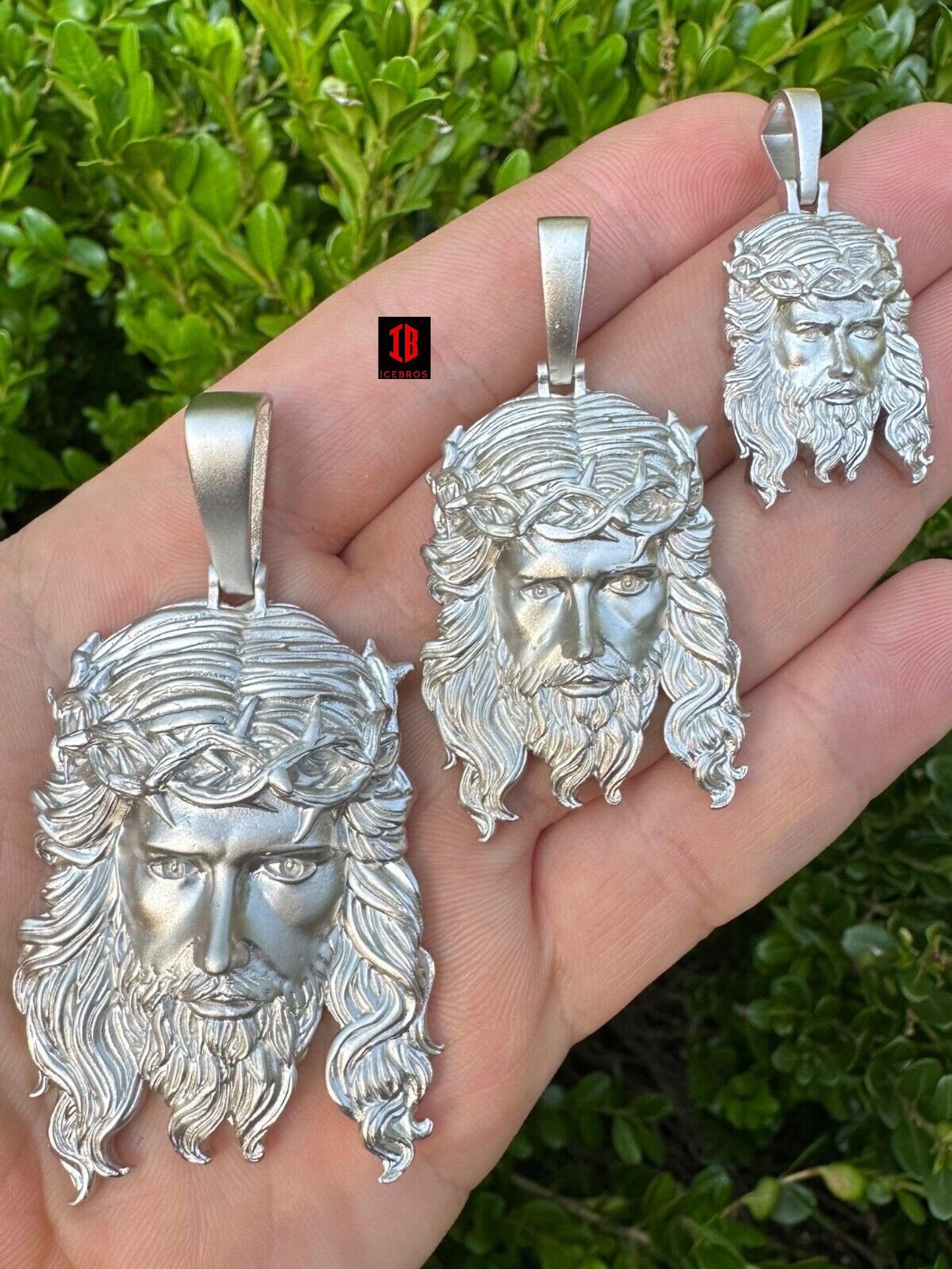 Matte Fine  10K 14K Gold over 925 ITALY Silver Jesus Piece Iced Pendant Chain - 3 Sizes