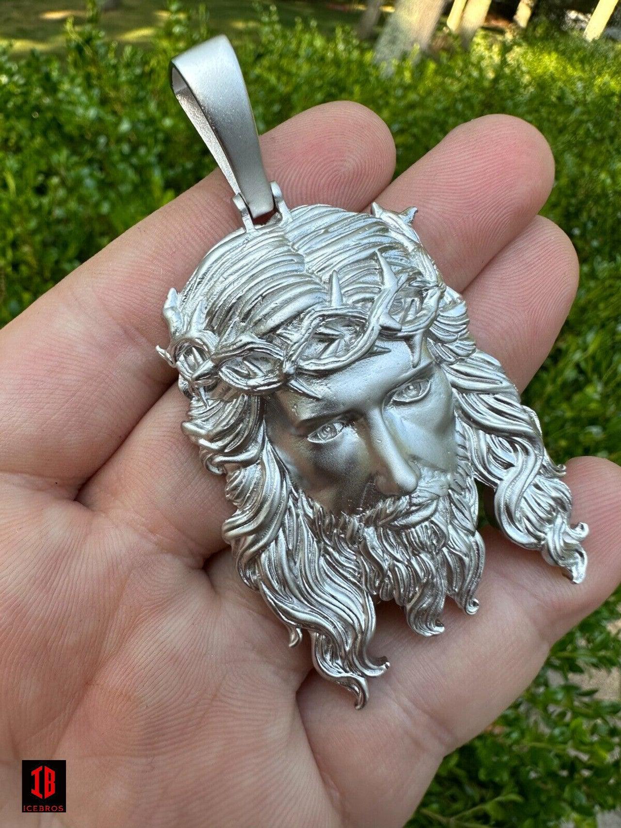 Matte Fine  10K 14K Gold over 925 ITALY Silver Jesus Piece Iced Pendant Chain - 3 Sizes