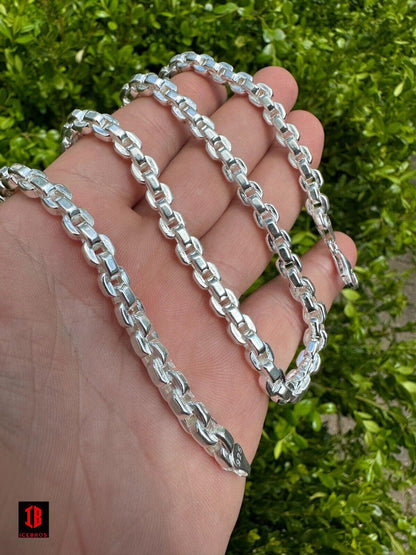 Real 925 Sterling Silver 6mm Men's Puff Rolo Hermes Link Chain Necklace Bracelet