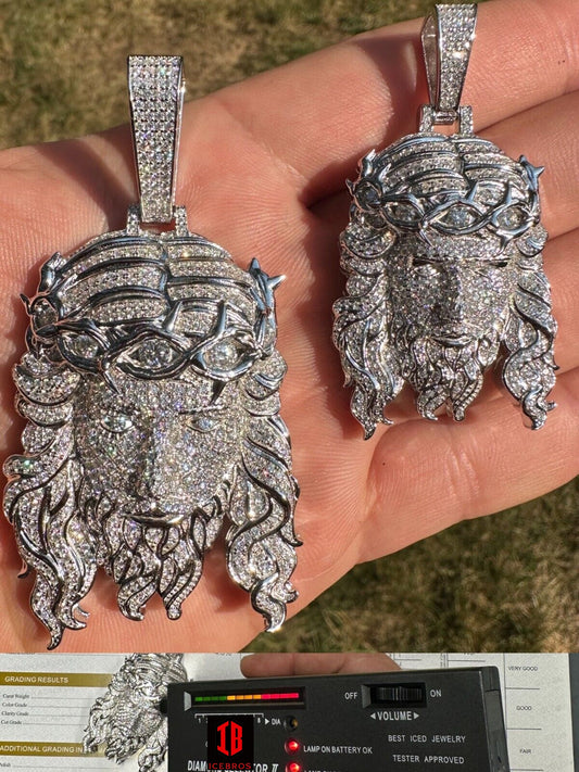 MOISSANITES Solid Weight White Gold Over 925 Silver Bust Down 3D Detailed Jesus Piece Pendant Necklace
