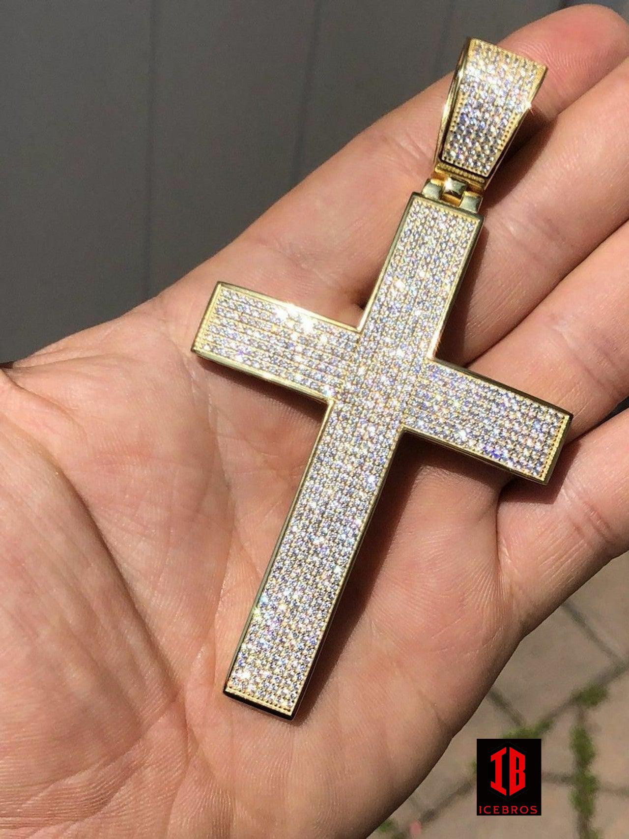 YELLOW GOLD Iced 7ct Real CVD Diamond Huge Solid 925 Silver Gold Plated Cross Pendant Necklace