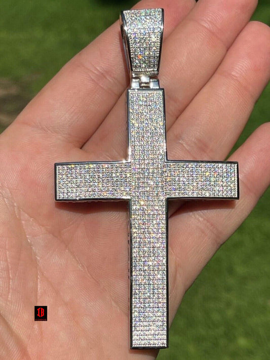 WHITE GOLD Iced 7ct Real CVD Diamond Huge Solid 925 Silver Gold Plated Cross Pendant Necklace