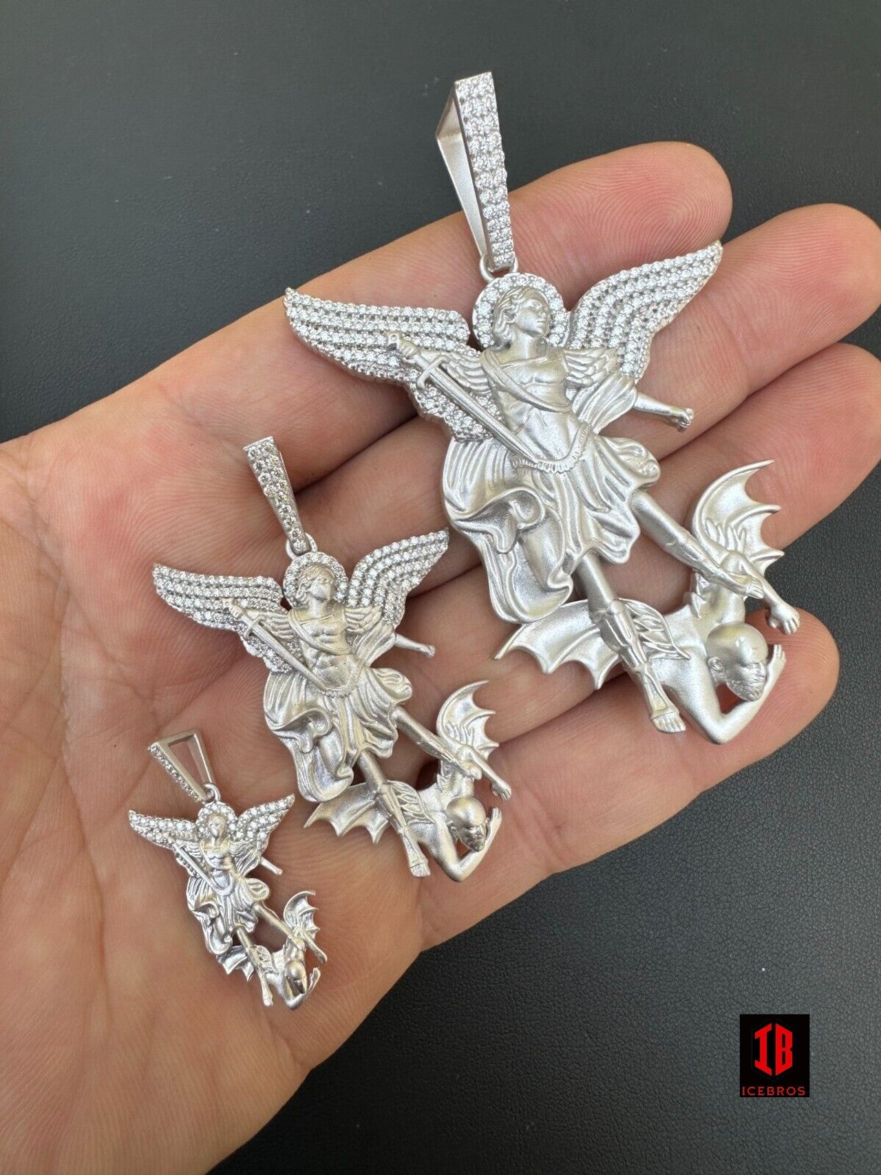 Real MOISSANITE Saint St Michael Slaying Dragon Pendant 925 Silver Necklace Iced