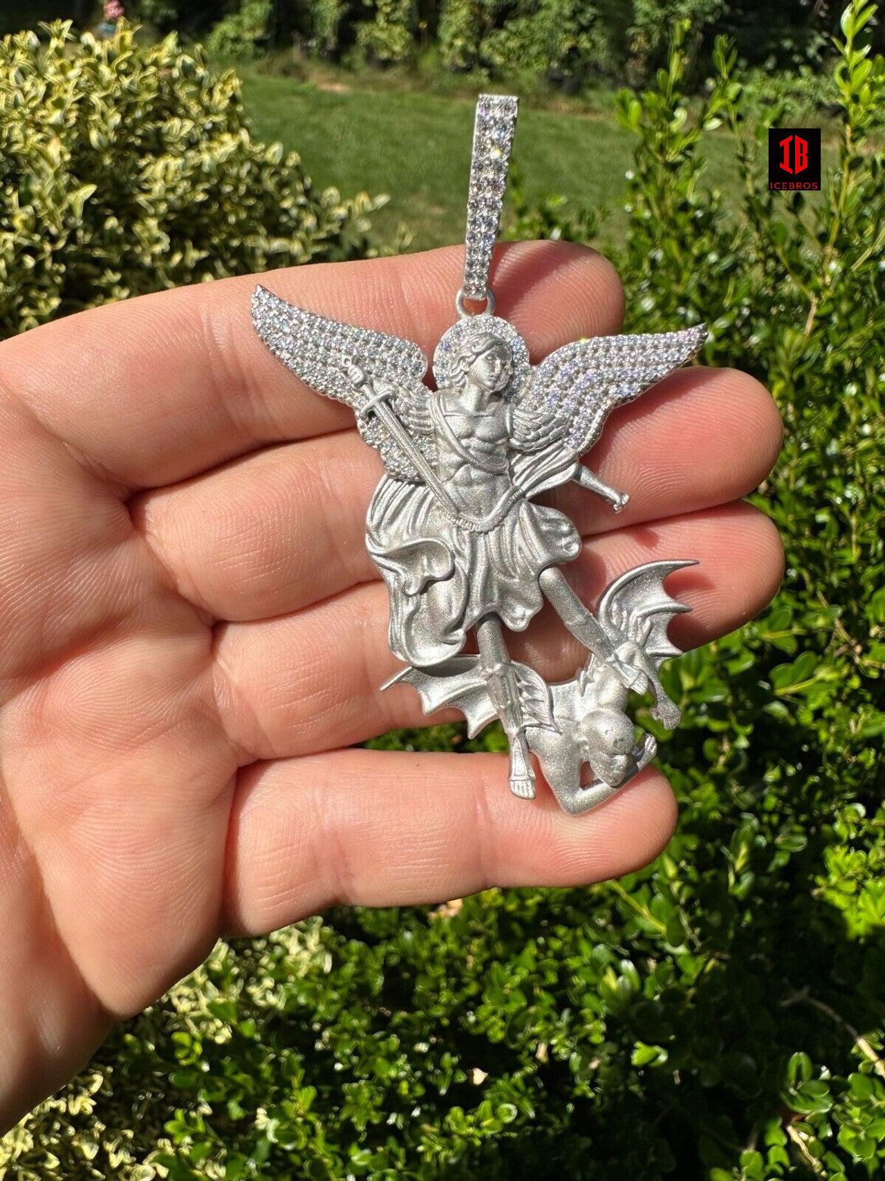 Real MOISSANITE Saint St Michael Slaying Dragon Pendant 925 Silver Necklace Iced