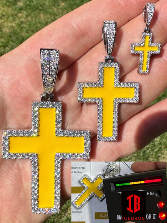 MOISSANITE Cross Pendant Iced Necklace Yellow Enamel Real 925 Silver 3 Sizes