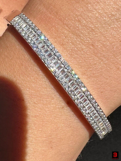 Real Solid 925 Silver Iced Baguette Cuff Bangle Ladies Bracelet Small 5-7inch CZ