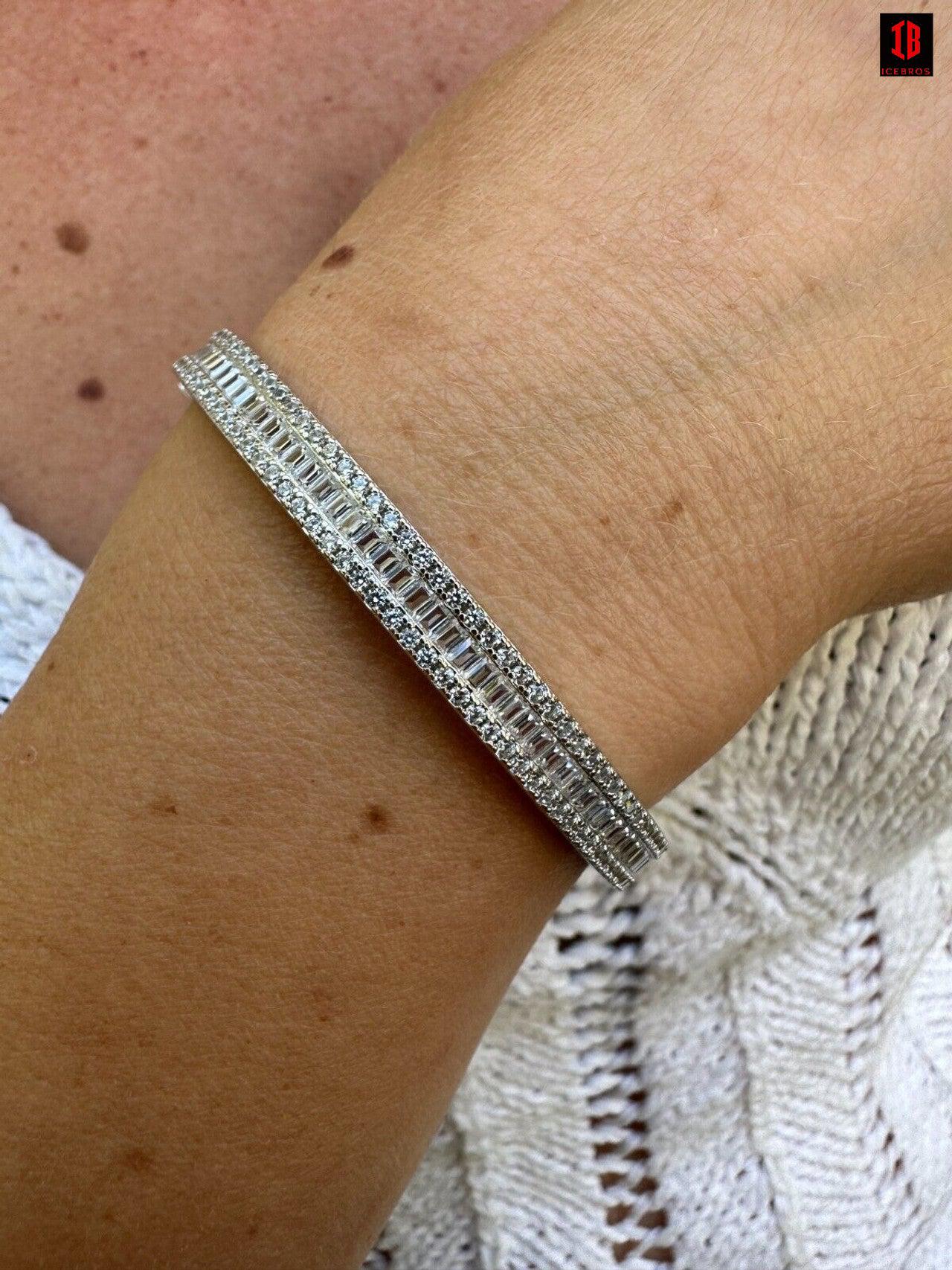 Real Solid 925 Silver Iced Baguette Cuff Bangle Ladies Bracelet Small 5-7inch CZ