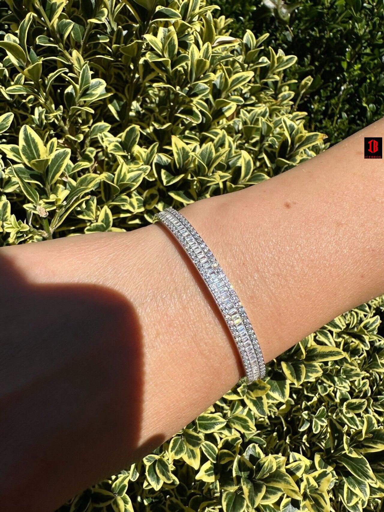 Real Solid 925 Silver Iced Baguette Cuff Bangle Ladies Bracelet Small 5-7inch CZ