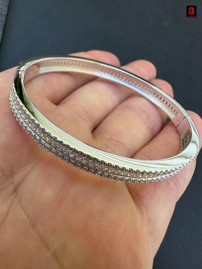 Real Solid 925 Silver Iced Baguette Cuff Bangle Ladies Bracelet Small 5-7inch CZ