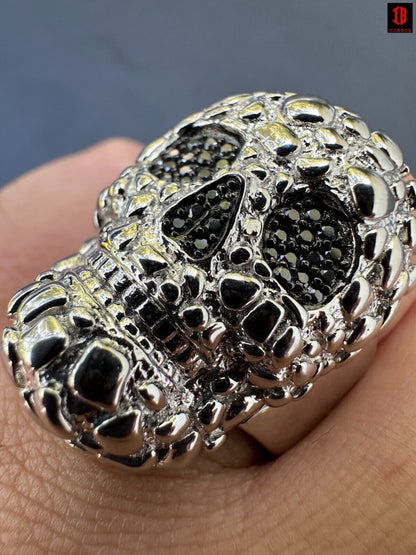 yellow gold HEAVY Nugget Death Skull Ring Mens Real Solid 925 Silver Real Black MOISSANITE