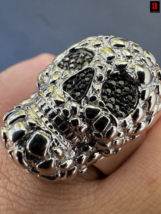 yellow gold HEAVY Nugget Death Skull Ring Mens Real Solid 925 Silver Real Black MOISSANITE