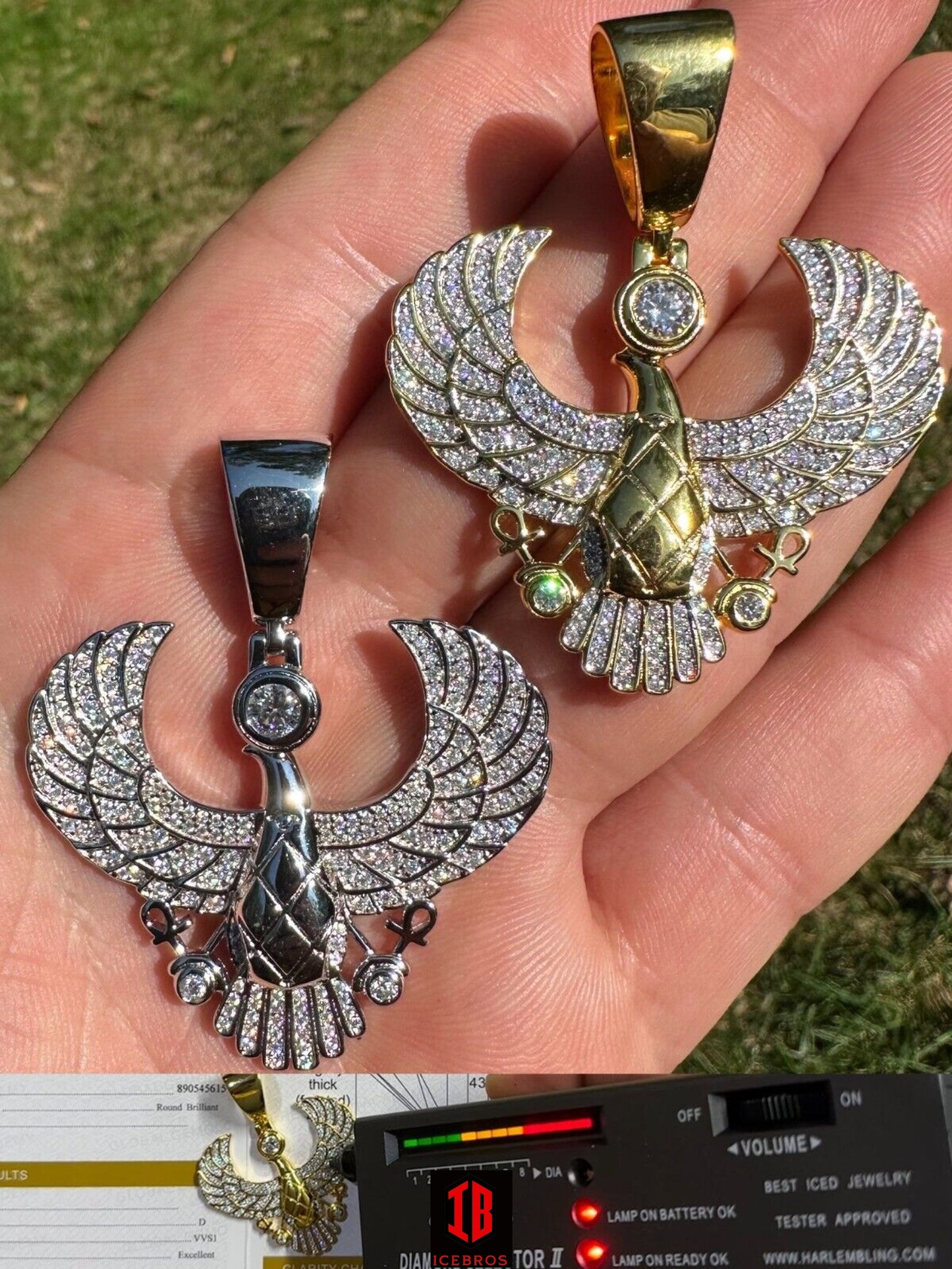 Moissanite Horus Egyptian Falcon Wing Pendant Necklace in 14k White & Yellow Gold on 925 Sterling Silver Chain