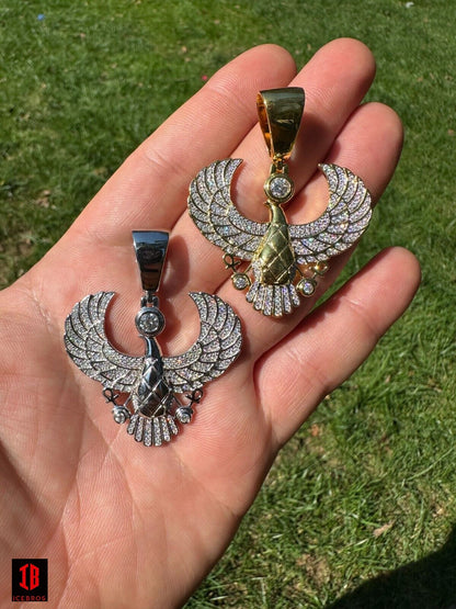 Men Showing Egyptian Wings Pendant Necklace in 14k Yellow Gold  or 14k White Gold  925 Sterling Silver Chain