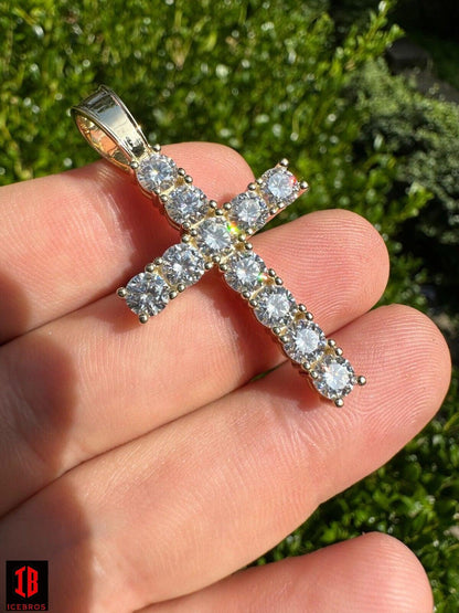 Real MOISSANITE Solid 10k White Gold Iced Tennis Cross Pendant Necklace 5 Sizes