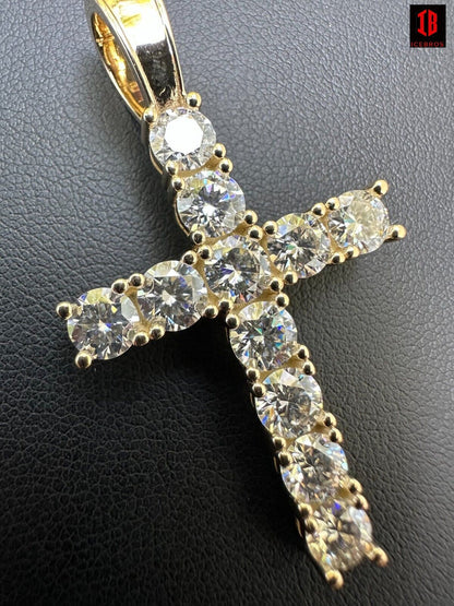 Real MOISSANITE Solid 10k White Gold Iced Tennis Cross Pendant Necklace 5 Sizes